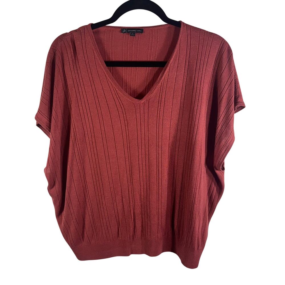 Adrianna Papell Ribbed Knit Dolman Sleeve V Neck Sweater Top Rust Large
